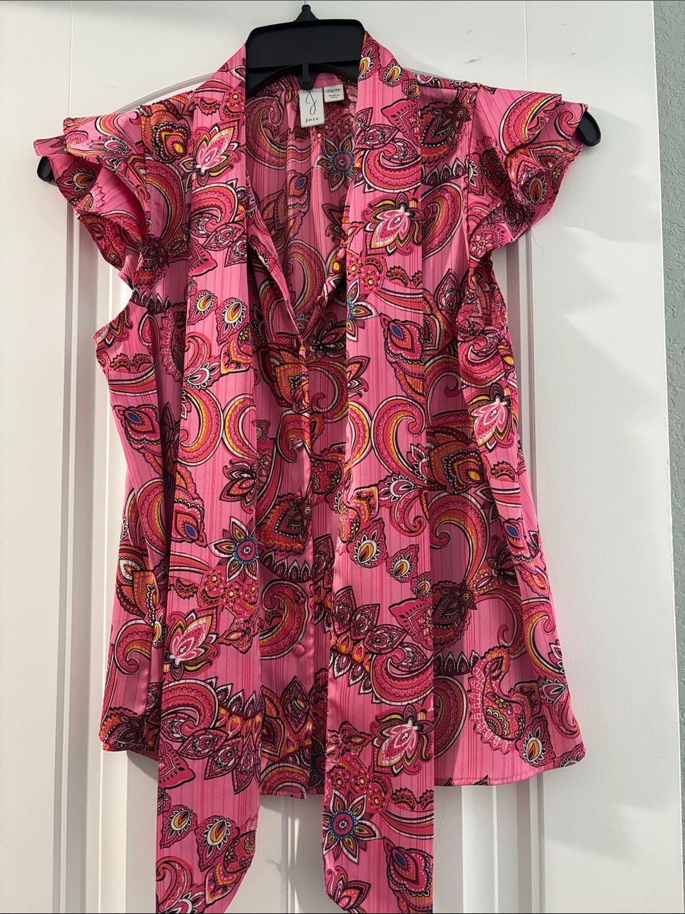 Joie Pink Paisley Tie-Neck Flutter Sleeve Blouse